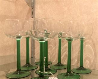 Set of crystal green wine glasses