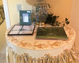 Hand painted topper on custom table skirt; lamp