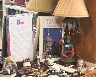Books on Texas; monkey lamp