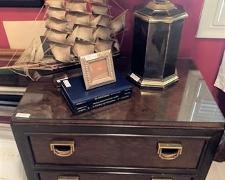 Model sailing ship; nightstand; lamp