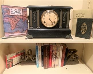 Mantel clock; more books