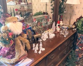 Triple dresser, mirror, and Christmas decorations