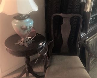Vintage table and lamp; arm chair