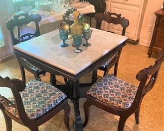 Marble top table; 4 vintage chairs
