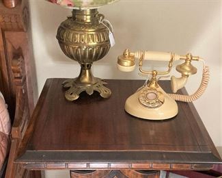 Antique table; vintage lamp