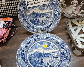  SET OF 6 VINTAGE JOHNSON BROTHERS HISTORIC AMERICAN BLUE VIEW OF BOSTON DINNER PLATES