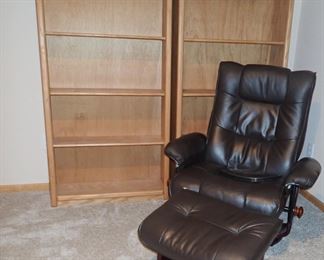 BLACK RECLINER AND OTTOMAN - OAK BOOKCASES
