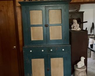 Early 19th century step back cupboard. Inch boards. Original blue paint with combed yellow.  Purchased at auction in Arthur, IL in 1990s.