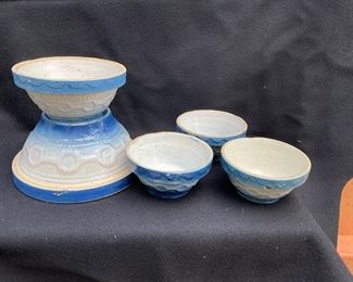 Blue and white stoneware wedding ring crock bowls