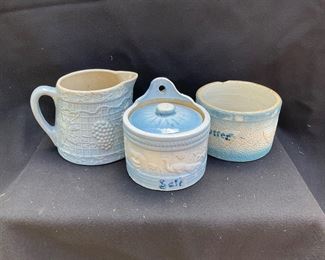 Blue and white stoneware squat grape pitcher, hanging covered salt, and butter crock 