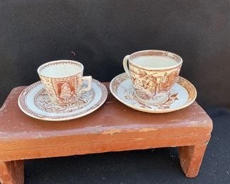 Brown transfer ware children’s cup and saucer