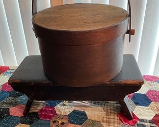Antique pantry box with wood handle. Traces of blue paint