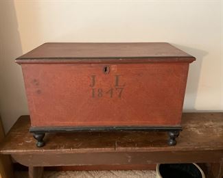 Small dower chest in pumpkin and black.  Dated 1847 for JL. 