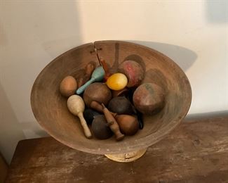 Turned wooden bowl with mend.  Darters, bobbins, masher