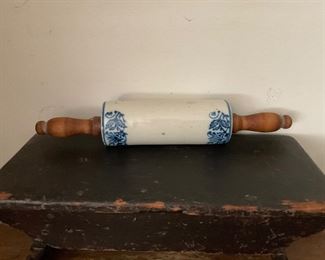 Stoneware rolling pin with maple handles and blue flowers