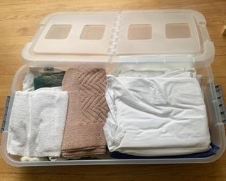 Plastic Tote with Towels & Linen