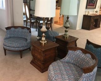 Pair of 1960's Chairs, Accent Table w/ 3 Drawers, Lamp