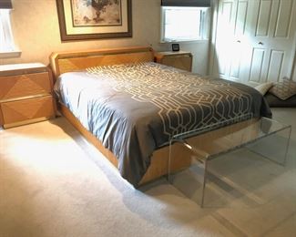 1980s Karl Springer Style Modern Faux Bamboo and Brass Bedroom Furniture - Queen Bed, Pair of Nightstands, Dresser w/ Mirror, Armoire Chest