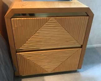 1980s Karl Springer Style Modern Faux Bamboo and Brass Bedroom Furniture - Queen Bed, Pair of Nightstands, Dresser w/ Mirror, Armoire Chest