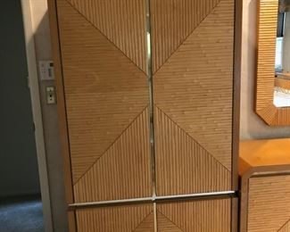 1980s Karl Springer Style Modern Faux Bamboo and Brass Bedroom Furniture - Queen Bed, Pair of Nightstands, Dresser w/ Mirror, Armoire Chest