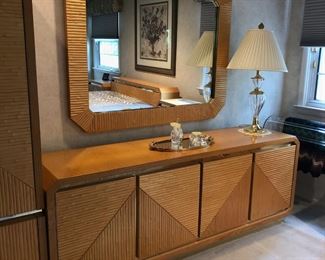 1980s Karl Springer Style Modern Faux Bamboo and Brass Bedroom Furniture - Queen Bed, Pair of Nightstands, Dresser w/ Mirror, Armoire Chest