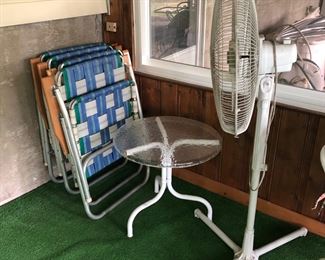 Vintage Aluminum Webbed Folding Patio / Camp Chairs, Acrylic Side Tables (2), Fan