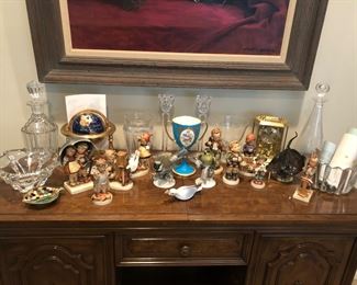 Hawkes Decanter, Hummels, Daum Art Glass Dish, Waterford Candle Holders, Rosenthal Birds, English Minton Porcelain Long Stem 2 Handled Cup / Vase, Lalique Decanter, Baccarat Vase, Steuben Vase, Orrefors Bowl