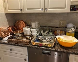 Copper Molds, Dishes, Pyrex Sunflower Daisy Cinderella Bowls