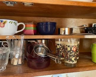 Two Cranberry Corning Ware Bowls, Set of Three Avon Strawberry Glasses, Lime Green Tupperware