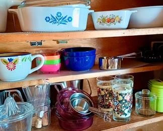 Corning Ware Blue Cornflower Lidded Casserole Dish, Corning Ware Spice of Life Petite Pan, Two Cranberry Corning Ware Bowls, Set of Three Avon Strawberry Glasses, Lime Green Tupperware