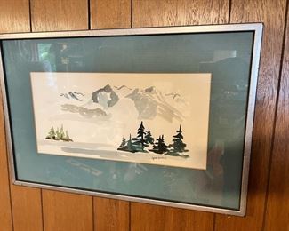 Framed and Matted Mountain Range Watercolor by Gael Welch