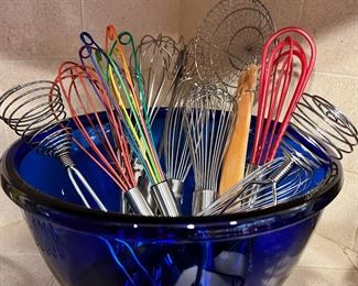 Assortment of Whisks, Cobalt Blue Mixing Bowl