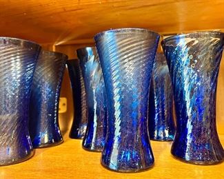 Set of Blown Glass Cobalt Blue Twist Design Glasses