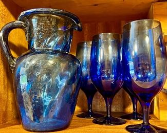 Set of 4 Cobalt Blue Wine Glasses, Blue Glass Jug/Pitcher