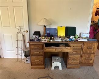 Oak Desk; wood two-drawer file cabinet