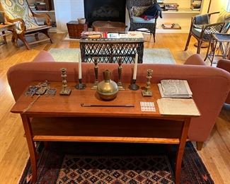 Vintage MCM Console + Antique Persian Rug + brass Candle Holders