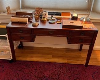 Antique Writing Table / Desk + Table Lamp + Misc