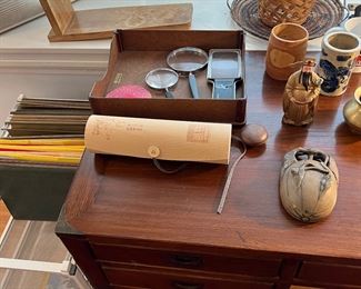 Antique Writing Table / Desk + Table Lamp + Misc