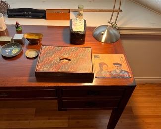 Antique Writing Table / Desk + Table Lamp + Misc