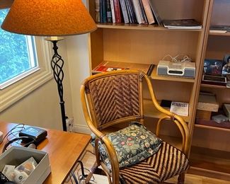 Vintage Rattan Chair + Standing Lamp + Bookshelves