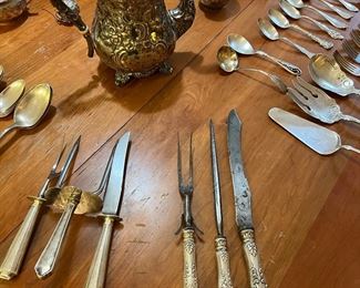 Antique Silver Carving Sets + Silver Teapot