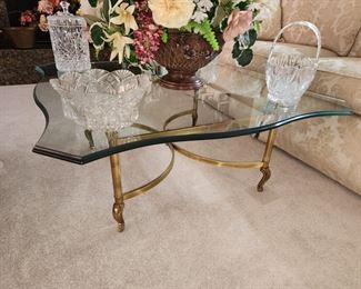 1960's Hollywood Regency Brass Base Coffee Table  with Thick Glass Top - Crystal Pieces