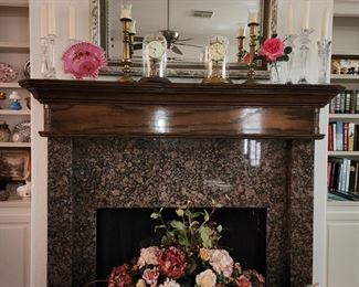 Fireplace in Formal Living Room - 2 Oversized Artificial Flower Arrangements - Anniversary Clocks - Crystal Candlesticks 