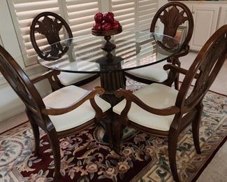 Ornate Mahogany Round Kitchen Table with 4 Chairs - Glass Top