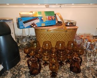 Vintage Amber Glass - Vintage Picnic Basket - Food Sealer