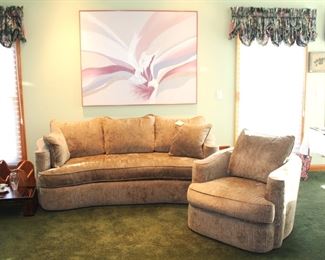 Very clean Bernhardt sofa and chair.  Original art piece by S. Kaye.  