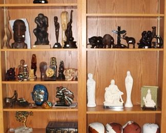 Autographed footballs and Steamer soccer ball, Carved wood sculptures, including a carved wood Tiki Lona.  