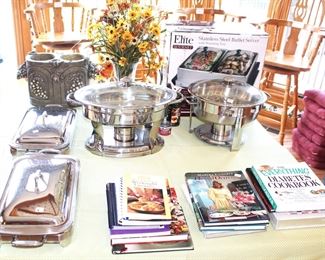 Entertaining chafing dishes, stainless steel buffet servers and cookbooks.