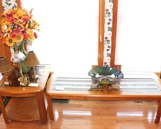 Oak tables with glass inserts.