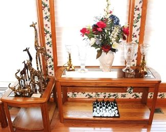 Giraffe collection, oak tables with glass inserts.